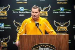 Football head coach Brian Bohannon addresses the media on Feb. 5 after signing 29 players to the program's first incoming class. 