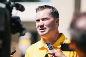 Kennesaw State's head football coach addresses the media after the uniform unveiling.