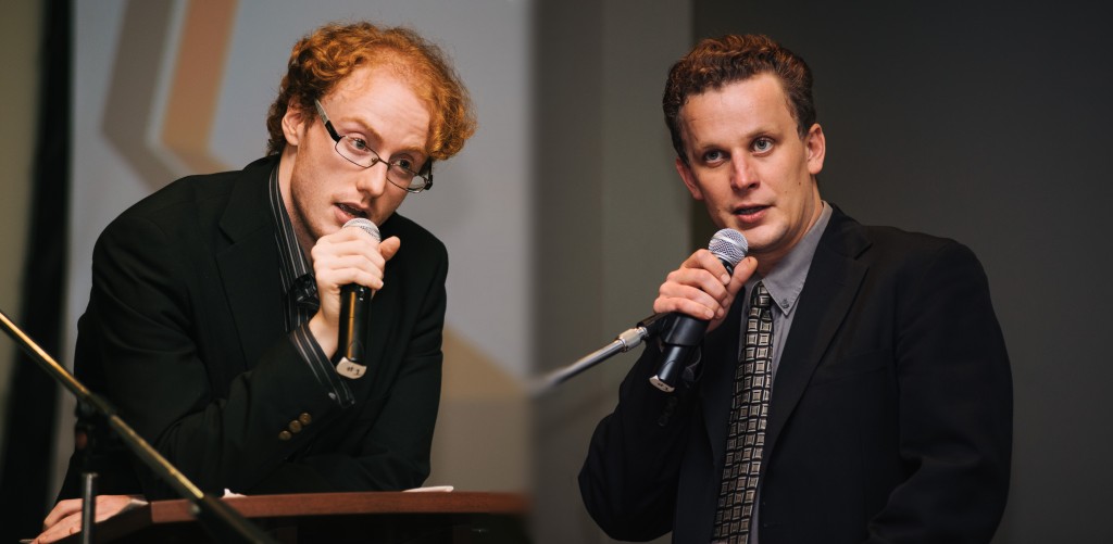 Sage Gerard, president of KSU Men, and Brian Clyne, president of Atheists United, debate on the topic: Did feminism get it wrong? Photo: Batt Moggs | The Sentinel
