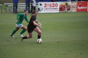 Danielle Gray, redshirt-sophomore, fights off FGCU’s Tabby Tindell in the A-Sun championship game.