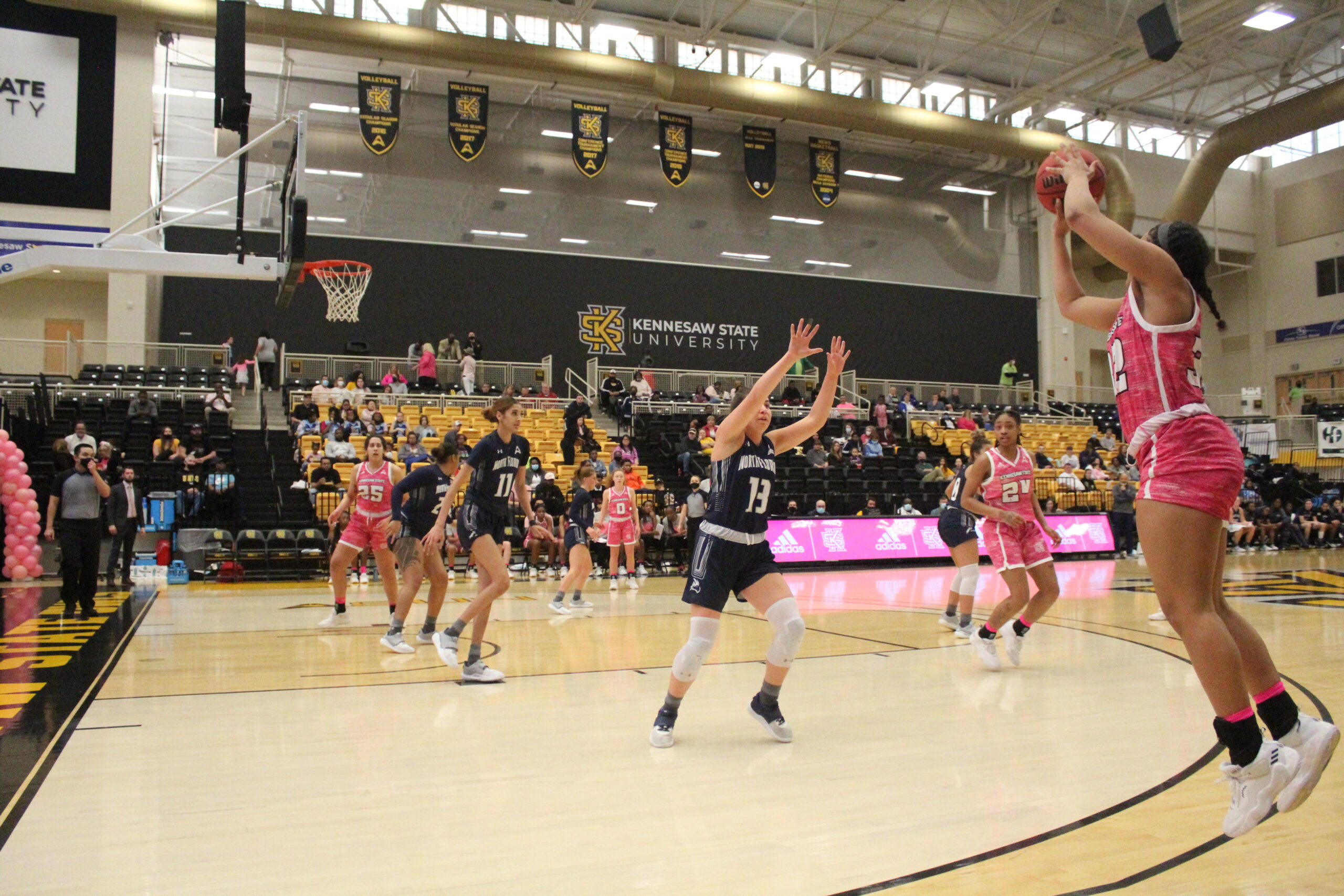 The Kennesaw State University lady owl basketball players won their game against North Florida on last Saturday, February 12th. Photo taken by Julia Walsh.