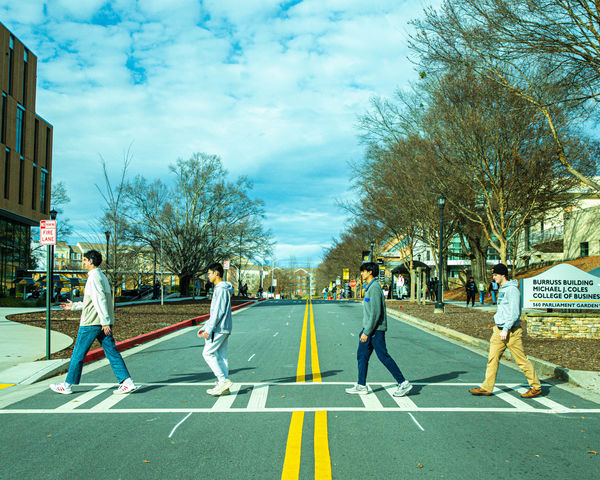 Recreation of Abbey Road album cover with KSU students